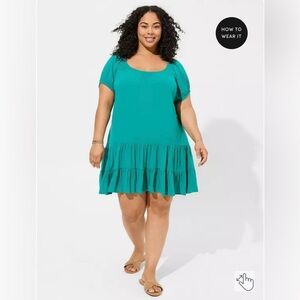 TORRID Teal Mini Washable Gauze Puff Sleeve Tiered Trapeze Dress Size 2X